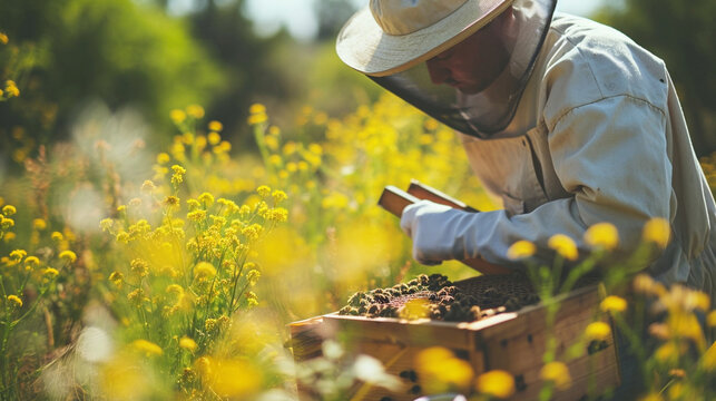 Modern Beekeeping: An image of a farmer using advanced beekeeping technology to monitor hive health and enhance pollination, medium shot, modern farmer - Powered by Adobe