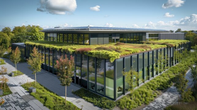 Sustainable Green Factories, Modern industrial buildings designed with green roofs, solar panels, and energy-efficient systems, setting new standards for environmental responsibility.