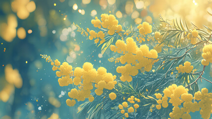 2d illustration Yellow Mimosa plant blooming for spring holiday