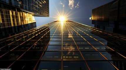 A tall glass office tower mirrors dawn's light, embodying ambition and corporate vitality within.