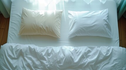 a couple of pillows sitting on top of a bed next to each other on top of a hard wood floor.