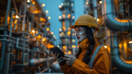 Asia oil and gas production control engineer or supervisor with digital pad monitoring natural gas supply and distribution in refinery Installation view of natural gas refinery pipes 