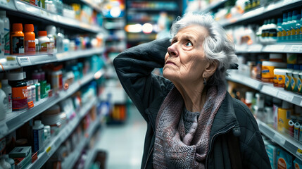 Old lady concerned with high food prices and inflation in pharmacy - obrazy, fototapety, plakaty