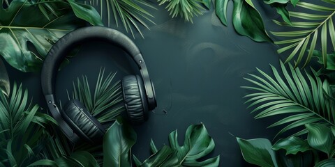 leather headphones and decorative plants isolated on dark background as a wide banner for music or podcast or streamers concepts