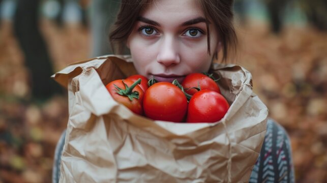 a woman holding a bag of tomatoes in front of her face and looking at the camera with a surprised look on her face.