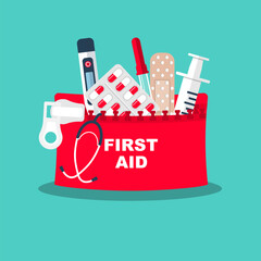 First aid kit isolated on background. Medical equipment and medication. Healthcare concept. Vector illustration flat design. Emergency template banner. Help in colds. Syringe pill pipette and plaster.
