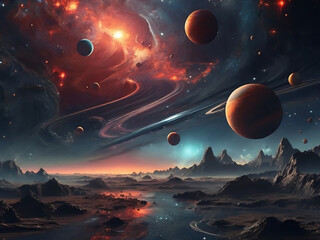 The red and black sky is full of planets.
Atbutha looks like an alien world.