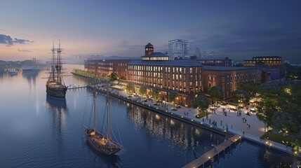 Reviving old docks and shipyards, now public spaces and luxury residences, merge industrial history with waterfront living. - obrazy, fototapety, plakaty