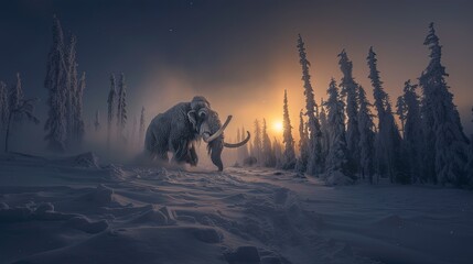 A mammoth makes its way through a snowy forest as the sun sets - obrazy, fototapety, plakaty