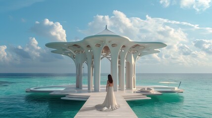 a woman standing on a pier in the middle of a body of water with a gazebo in the background.