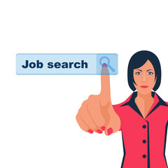 Job search. Woman finger presses search work. Businesswoman is looking for a new job. New opportunities. Vector illustration cartoon design. Isolated on white background.