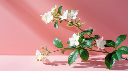 Blooming white jasmine plant on an empty. pink background 