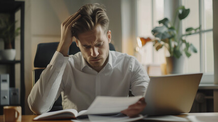 Young businessman sitting at desk in office and holding head, upset and worried reading documents, agreement, report