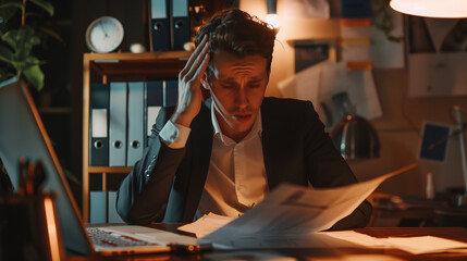 Fototapeta na wymiar Young businessman sitting at desk in office and holding head, upset and worried reading documents, agreement, report