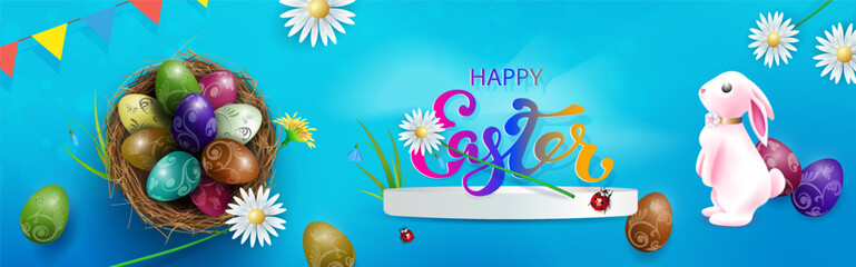 Easter blue illustration,wicker nest with eggs, wonderful bunny and white round podium.