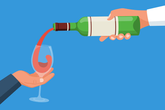 Pour wine from a bottle. The bartender holds a bottle of wine in hand and pours it into the client's glass. Vector illustration flat design. Isolated on white background.