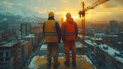 Silhouette of Engineer and worker checking project at building site background, construction site at sunset in evening time. - obrazy, fototapety, plakaty