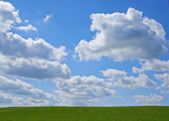 Blue sky, clouds and landscape at countryside with environment, sustainability and summer sunshine. Nature, beauty and field with grass for eco friendly, growth and horizon with lawn on earth