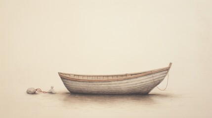 a drawing of a boat in the water with a rope on the front of the boat and a ball in the front of the boat. - obrazy, fototapety, plakaty
