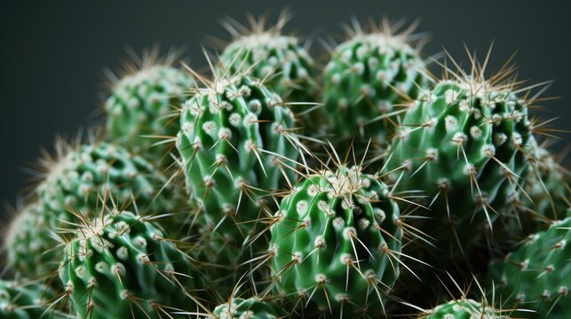 a close up of a cactus plant with lots of small green plants in the middle of the picture and a black background.