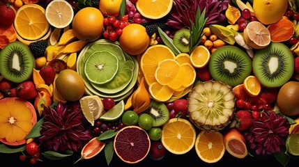 a close up of a bunch of fruit with oranges, raspberries, kiwis, and other fruits.