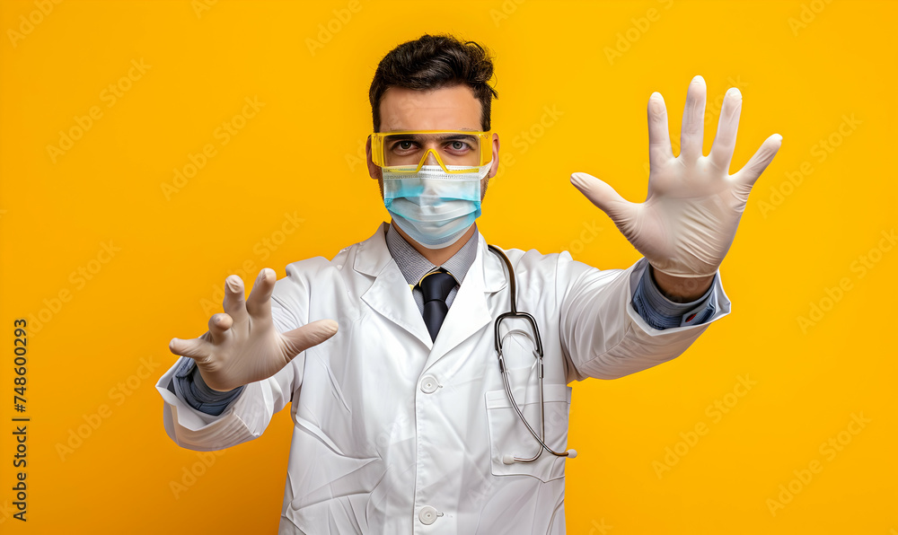 Wall mural Shows stop gesture by hand. male doctor scientist in lab coat, defensive eyewear and mask