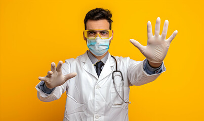 Shows stop gesture by hand. male doctor scientist in lab coat, defensive eyewear and mask - obrazy, fototapety, plakaty
