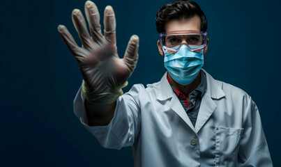 Shows stop gesture by hand. male doctor scientist in lab coat, defensive eyewear and mask - obrazy, fototapety, plakaty