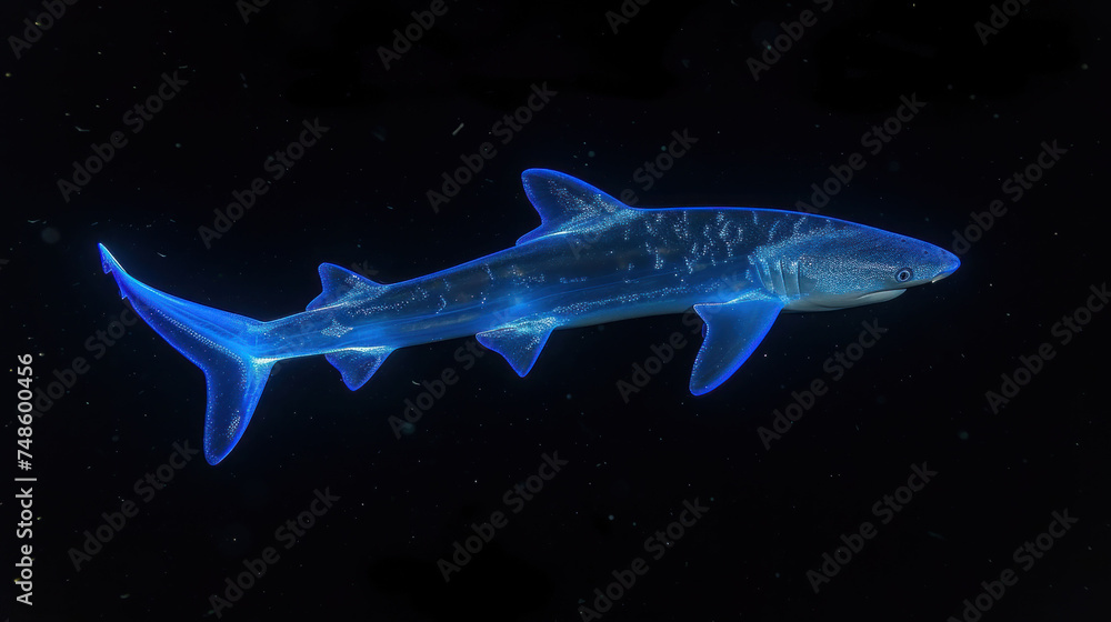 Wall mural a large blue shark swimming in the ocean at night with its mouth open and it's mouth wide open.