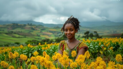 Naklejka na ściany i meble Portrait of a beautiful African woman with yellow flowers in the field in Ethiopia.