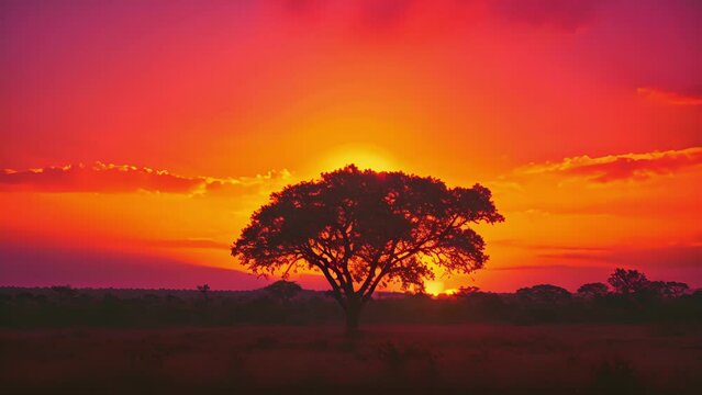 Background A sunset safari with warm hues of orange and red painting the sky.