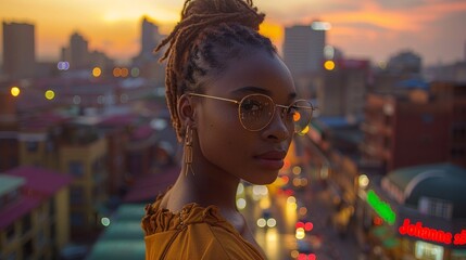 Naklejka premium Portrait of young beautiful african woman with dreadlocks in Johannesburg city at sunset.