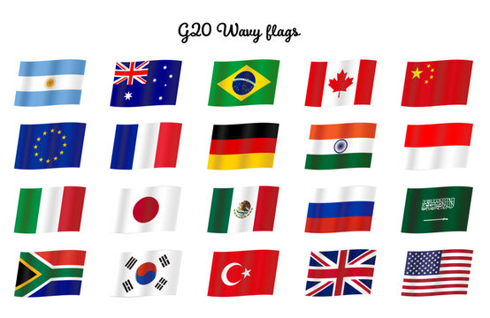 風にたなびくG20サミット参加国の国旗セット