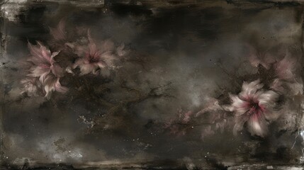 a painting of pink flowers on a black and white background with a grungy look to the bottom of the picture.