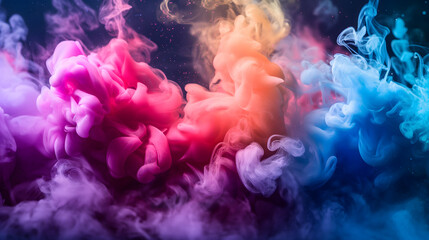 Fototapeta premium Vibrant colorful blue, purple and pink smoke floating on black background. Suitable for overlay quote or text on it for Holi festival presentations or banner design.