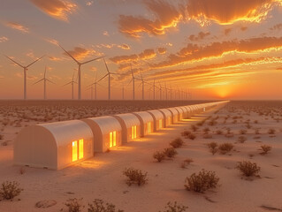 Energy production container units in front of the background of wind turbines.