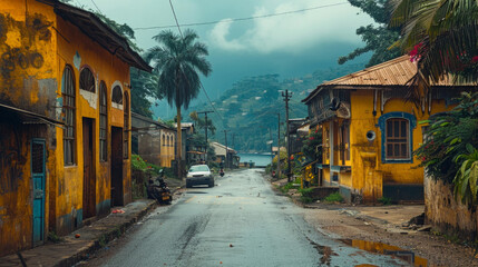 Fototapeta premium Colorful houses along the road in Sao Tome and Principe.