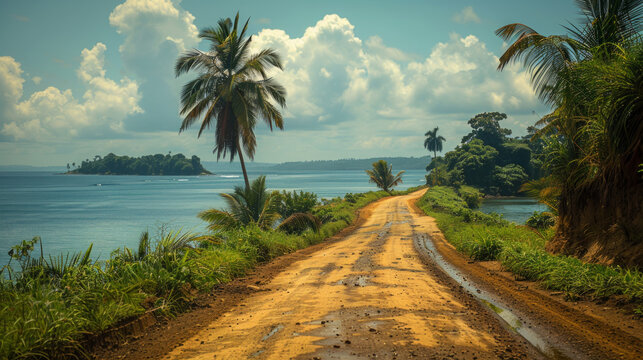 Road to the sea and palm trees in Democratic Republic of São Tomé and Príncipe.