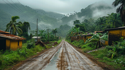 Rural road in the rain in the jungle of Sierra Leone. - obrazy, fototapety, plakaty