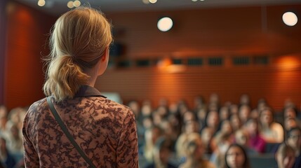 Woman speaks to a large audience, rear view female teacher giving a lecture in an auditorium with students in the background at university