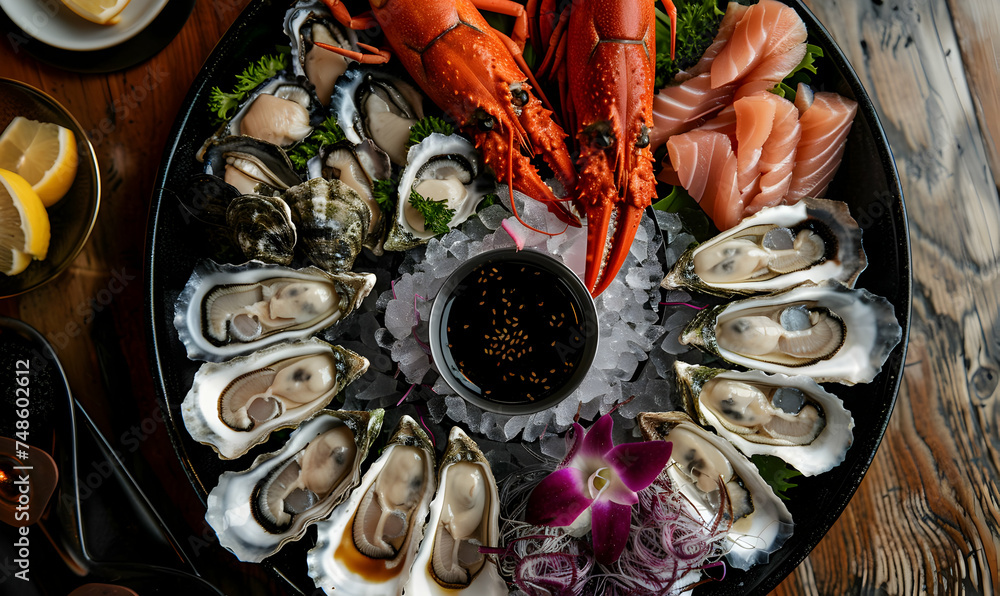 Wall mural Top view of seafood platter shellfish oysters sea urchin and balsamic sauce - Wall murals