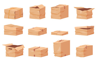 Damaged cardboard boxes. Torn and bent transport packaging. Damaged parcels and cargo. Vector illustration