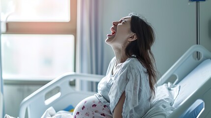 Laboring pregnant woman in a hospital, vocalizing during contractions, capturing the intense and emotional moments of childbirth
