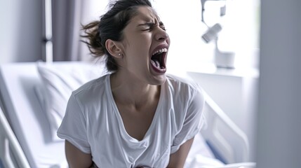 Laboring pregnant woman in a hospital, vocalizing during contractions, capturing the intense and emotional moments of childbirth