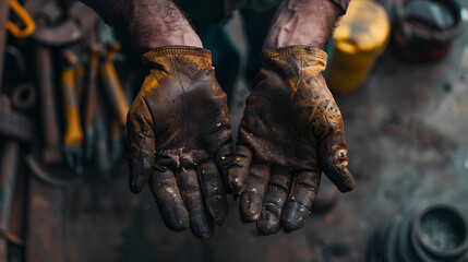 A minimalist image of a worker's hands. The hands calloused and rough. The tools simple and functional. - obrazy, fototapety, plakaty