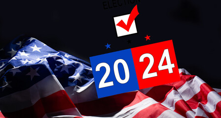 Fototapeta na wymiar Presidential Election 2024 text on a mini chalkboard over a vintage background with part of the American Flag. Top view.