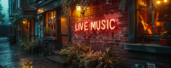 Rustic LIVE MUSIC neon sign on a brick wall, adorned with foliage, beckoning to the vibrant atmosphere of a venue with live performances - obrazy, fototapety, plakaty