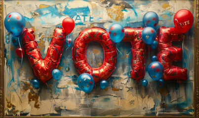 The word VOTE depicted in red and blue balloons, symbolizing American patriotism and the civic duty of voting in a democratic electoral process - obrazy, fototapety, plakaty