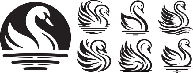 Fototapeta na wymiar swans, vector black white collection set logo shape