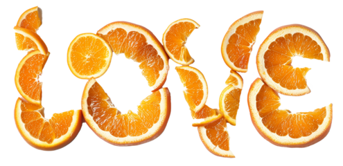 The word Love made with fresh orange fruit slices, Fun summer lettering design concept isolated on transparent | Generative AI